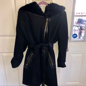 Via Spiga 18W Faux-Fur-Collar Mixed-Media Coat EUC